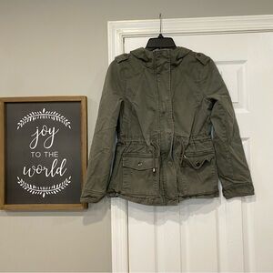 Gap Army Green Hooded Utility Coat Cargo Jacket Cinch Waist Women’s XS